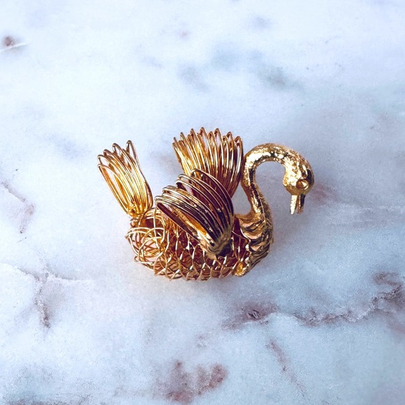 Jewelry - Vintage Gold Tone Wire Filigree Swan Brooch Pin Mid Century Bird Costume Jewelry